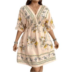 imageOYOANGLE Womens Plus Size Boho Floral Print High Waist V Neck Flared A Line Short DressApricot