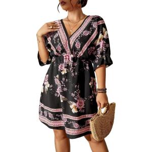 imageOYOANGLE Womens Plus Size Boho Floral Print High Waist V Neck Flared A Line Short DressBlack Floral