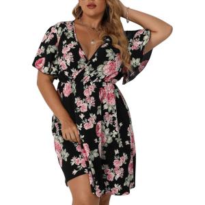 imageOYOANGLE Womens Plus Size Boho Floral Print High Waist V Neck Flared A Line Short DressBlack Red
