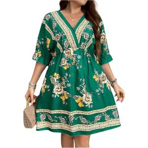 imageOYOANGLE Womens Plus Size Boho Floral Print High Waist V Neck Flared A Line Short DressDark Green