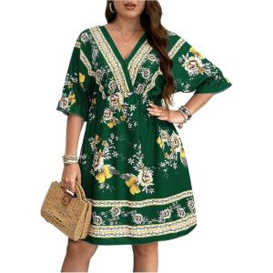 imageOYOANGLE Womens Plus Size Boho Floral Print High Waist V Neck Flared A Line Short DressDeep Green