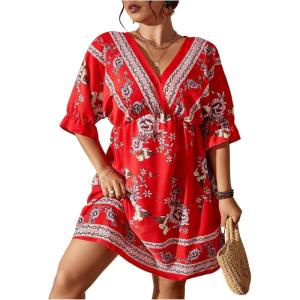 imageOYOANGLE Womens Plus Size Boho Floral Print High Waist V Neck Flared A Line Short DressFloral Print Red