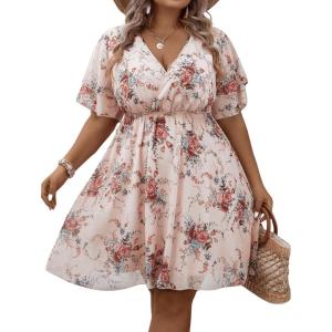 imageOYOANGLE Womens Plus Size Boho Floral Print High Waist V Neck Flared A Line Short DressLight Pink