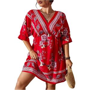 imageOYOANGLE Womens Plus Size Boho Floral Print High Waist V Neck Flared A Line Short DressLight Red