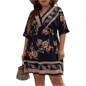 imageOYOANGLE Womens Plus Size Boho Floral Print High Waist V Neck Flared A Line Short DressNavy Blue