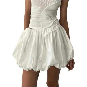 imageOYOANGLE Womens Plus Size Bubble Mini Skirts Elastic Waist Ruffle Hem Casual Y2k Puffy Short SkirtWhite