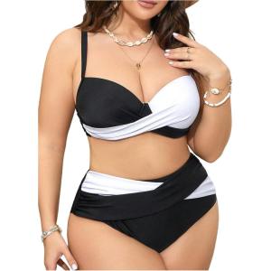 imageOYOANGLE Womens Plus Size Color Block Bikini Sets High Waisted Swimsuit Two Piece Push Up Bathing SuitsBlack and White