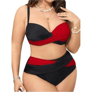 imageOYOANGLE Womens Plus Size Color Block Bikini Sets High Waisted Swimsuit Two Piece Push Up Bathing SuitsRed and Black