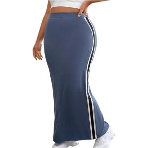 imageOYOANGLE Womens Plus Size Contrast Binding Bodycon Maxi Skirt Elastic High Waist Casual Long SkirtsBlue