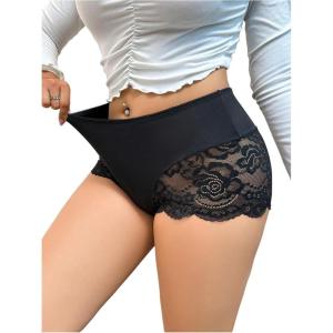 imageOYOANGLE Womens Plus Size Contrast Lace Boyshorts Mid Rise Tummy Control Panties UnderwearBlack