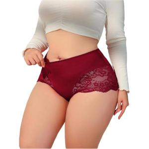 imageOYOANGLE Womens Plus Size Contrast Lace Boyshorts Mid Rise Tummy Control Panties UnderwearBurgundy