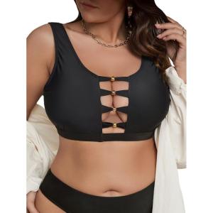 imageOYOANGLE Womens Plus Size Cut Out Scoop Neck Bikini Tops Swimsuit Athletic Tankini TopBlack