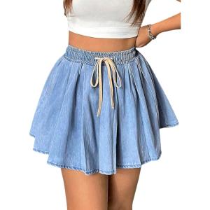 imageOYOANGLE Womens Plus Size Drawstring Waist Denim Skirts Y2k Ruffle Pleated Short SkirtLight Wash