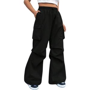 imageOYOANGLE Womens Plus Size Drawstring Waist Wide Leg Casual Cargo Pants with PocketBlack