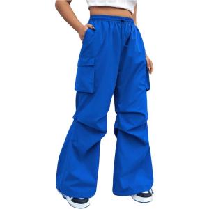 imageOYOANGLE Womens Plus Size Drawstring Waist Wide Leg Casual Cargo Pants with PocketBlue