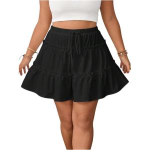 imageOYOANGLE Womens Plus Size Elastic Drawstring Waist A Line Skirt Y2K Frill Trim Layered Flowy SkortsBlack