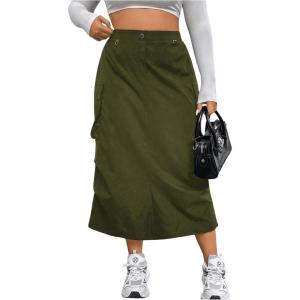 imageOYOANGLE Womens Plus Size Elastic High Waist Cargo Skirt Casual Solid Midi SkirtsArmy Green