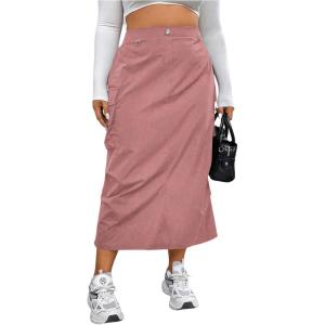 imageOYOANGLE Womens Plus Size Elastic High Waist Cargo Skirt Casual Solid Midi SkirtsDusty Pink