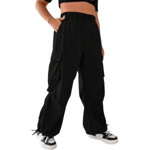 imageOYOANGLE Womens Plus Size Elastic High Waist Flap Pocket Cargo Pants Streetwear Loose Baggy Trousers with PocketBlack