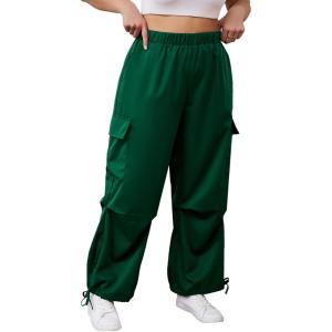 imageOYOANGLE Womens Plus Size Elastic High Waist Flap Pocket Cargo Pants Streetwear Loose Baggy Trousers with PocketDark Green
