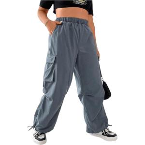 imageOYOANGLE Womens Plus Size Elastic High Waist Flap Pocket Cargo Pants Streetwear Loose Baggy Trousers with PocketDusty Blue