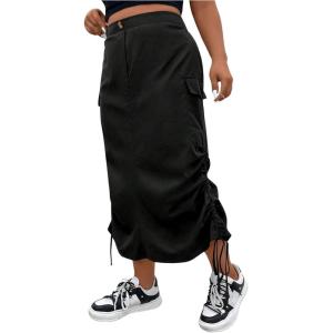 imageOYOANGLE Womens Plus Size Elastic High Waist Flap Pocket Drawstring Side Midi Cargo SkirtsBlack