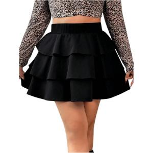 imageOYOANGLE Womens Plus Size Elastic High Waist Short Skirt Layered Ruffle Hem Mini SkirtsBlack