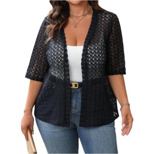 imageOYOANGLE Womens Plus Size Floral Lace Open Front Crochet Cardigans Short Sleeve Lightweight Loose JacketsBlack