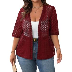 imageOYOANGLE Womens Plus Size Floral Lace Open Front Crochet Cardigans Short Sleeve Lightweight Loose JacketsBurgundy