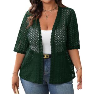 imageOYOANGLE Womens Plus Size Floral Lace Open Front Crochet Cardigans Short Sleeve Lightweight Loose JacketsDark Green