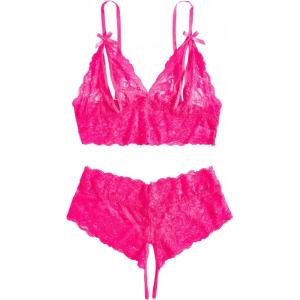imageOYOANGLE Womens Plus Size Floral Lace Spaghetti Strap Cut Out Bra and Panty Two Piece Lingerie SetHot Pink