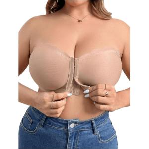 imageOYOANGLE Womens Plus Size Front Closure Push Up Strapless Bandeau Bra Wireless Tube Bralettes with Clear StrapApricot