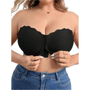 imageOYOANGLE Womens Plus Size Front Closure Push Up Strapless Bandeau Bra Wireless Tube Bralettes with Clear StrapBlack