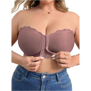 imageOYOANGLE Womens Plus Size Front Closure Push Up Strapless Bandeau Bra Wireless Tube Bralettes with Clear StrapBrown
