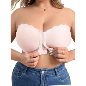 imageOYOANGLE Womens Plus Size Front Closure Push Up Strapless Bandeau Bra Wireless Tube Bralettes with Clear StrapLight Pink