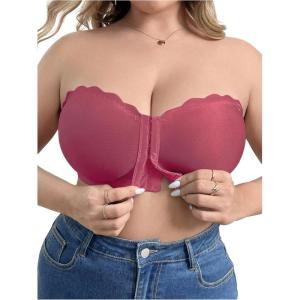 imageOYOANGLE Womens Plus Size Front Closure Push Up Strapless Bandeau Bra Wireless Tube Bralettes with Clear StrapWatermelon Pink