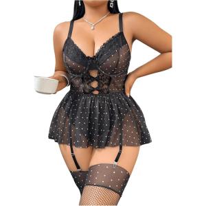 imageOYOANGLE Womens Plus Size Garter Lingerie Set Polka Dots Cut Out Underwire Chemise Nightgown with StockingBlack
