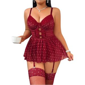 imageOYOANGLE Womens Plus Size Garter Lingerie Set Polka Dots Cut Out Underwire Chemise Nightgown with StockingBurgundy