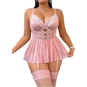 imageOYOANGLE Womens Plus Size Garter Lingerie Set Polka Dots Cut Out Underwire Chemise Nightgown with StockingPink