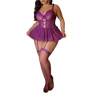 imageOYOANGLE Womens Plus Size Garter Lingerie Set Polka Dots Cut Out Underwire Chemise Nightgown with StockingPurple