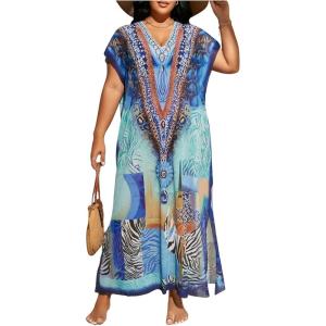 imageOYOANGLE Womens Plus Size Graphic Print Beach Coverups V Neck Short Sleeve Cover Up Maxi Dress SwimwearBlue