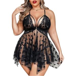imageOYOANGLE Womens Plus Size Heart Print Lace Sheer Open Front Chemise Nightgown Babydoll Nightie NightwearBlack
