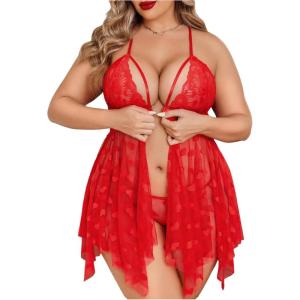 imageOYOANGLE Womens Plus Size Heart Print Lace Sheer Open Front Chemise Nightgown Babydoll Nightie NightwearRed