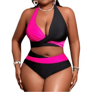 imageOYOANGLE Womens Plus Size High Waisted Bikini Set 2 Piece Color Block Criss Cross Halter Bathing SuitsBlack and Hot Pink