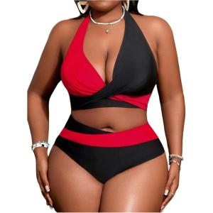 imageOYOANGLE Womens Plus Size High Waisted Bikini Set 2 Piece Color Block Criss Cross Halter Bathing SuitsRed and Black