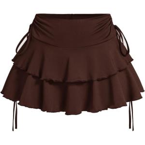 imageOYOANGLE Womens Plus Size High Waisted Bow Knot Side Layered Y2K A Line Ruffle Skorts Mini SkirtBrown