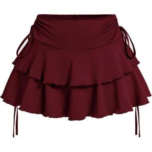 imageOYOANGLE Womens Plus Size High Waisted Bow Knot Side Layered Y2K A Line Ruffle Skorts Mini SkirtBurgundy
