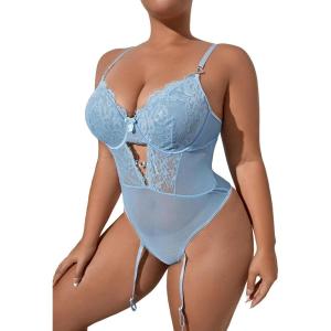 imageOYOANGLE Womens Plus Size Lace Babydoll Spaghetti Strap V Neck Cut Out Teddy Lingerie Set with Garter BeltsBlue