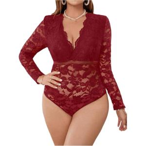 imageOYOANGLE Womens Plus Size Lace Sheer Deep V Neck Long Sleeve Bodysuit Leotard TopsRed