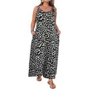 imageOYOANGLE Womens Plus Size Leopard Print Tie Shoulder Jumpsuits Long Pants Romper with PocketApricot
